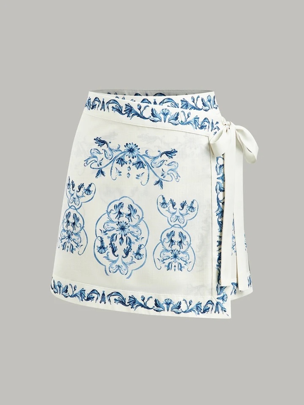 Commense Floral Print Tie-Waist Wrap Skirt White & Blue Floral